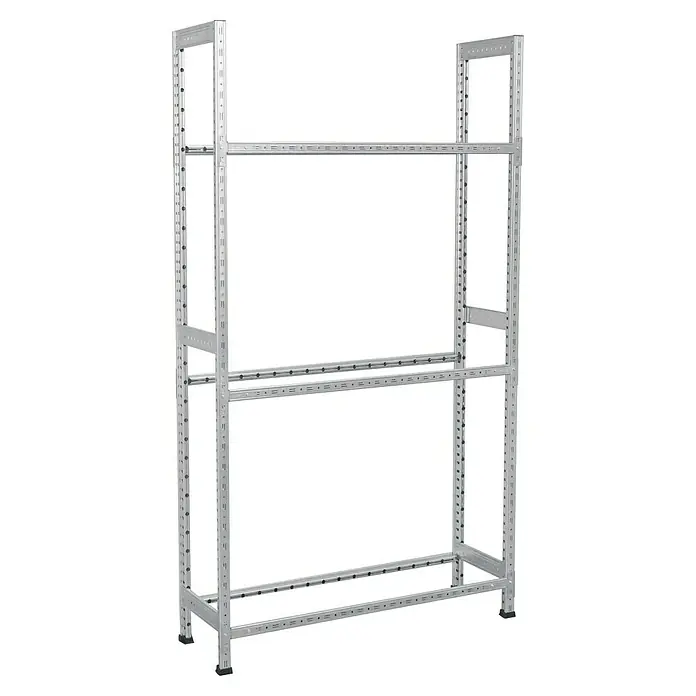 Scholz Reifenregal Grundelement - H x B x T: 228 x 129 x 32 cm, Traglast pro Träger: 200 kg, Anzahl Träger: 3 Stk., Stecken, Silber - Abbildung eines Regalsystems mit Aluminiumprofilen und schwarzem Hintergrund. Das Regalsystem bietet viel Stauraum.