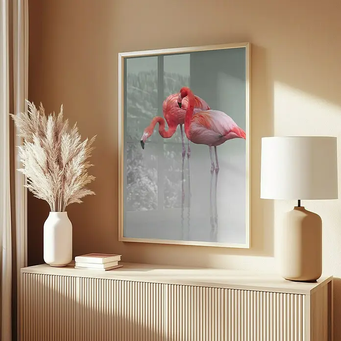 Papermoon Bild - Just we Two, B x H: 80 x 110 cm, Ohne Passepartout, Rahmen Eiche - Ein dekorativer Raum mit einem gerahmten Flamingobild, einer Lampe und einer Vase mit getrockneten Blumen auf einem eleganten Sideboard.