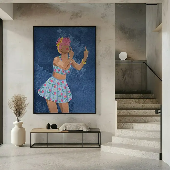 Papermoon Bild - Not your Girl, B x H: 40 x 50 cm, Mit Passepartout, Rahmen Schwarz - Kunstdruck mit einer frechen Frau in einem blauen Blumenoutfit, die den Mittelfinger zeigt, verleiht jedem Raum eine kühne Note.