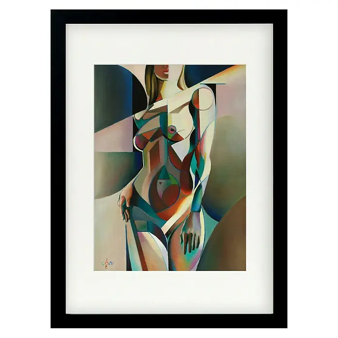 Papermoon Bild - Neo Deco, B x H: 70 x 100 cm, Mit Passepartout, Rahmen Schwarz - Gerahmtes Gemälde einer abstrakten weiblichen Figur, kunstvoll in geometrischen Formen und lebhaften Farben dargestellt, ein Blickfang für jedes Interieur.