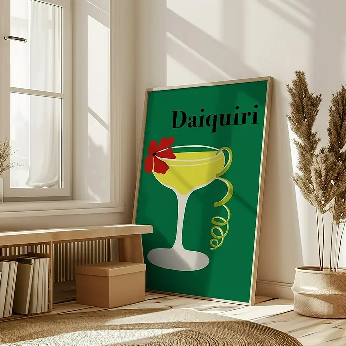 Papermoon Bild - Daiquiri, B x H: 50 x 70 cm, Mit Passepartout, Rahmen Eiche - Stilvolles Poster mit einem Daiquiri-Cocktailmotiv in einem modernen Raum, das eine elegante und erfrischende Atmosphäre schafft.