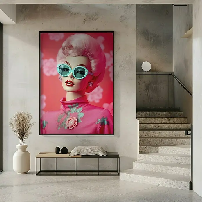 Papermoon Bild - Oh Barbie No. 1, B x H: 80 x 110 cm, Ohne Passepartout, Rahmen Schwarz - Elegantes Kunstwerk: Porträt einer stilvollen Frau mit pinkfarbenem Haar und türkisfarbener Sonnenbrille, ein Blickfang für jeden Raum.