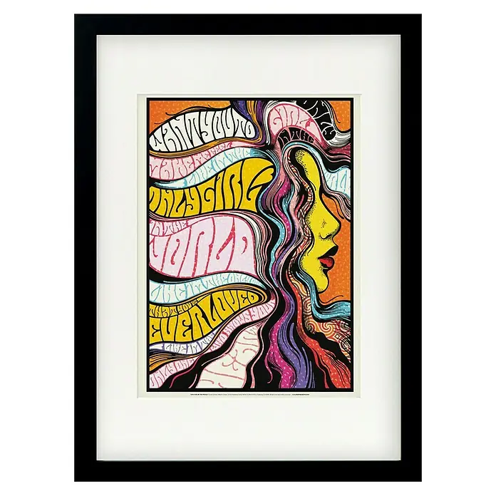 Papermoon Bild - Only Girl in World, B x H: 60 x 80 cm, Mit Passepartout, Rahmen Schwarz - Gerahmtes Poster mit einer bunten psychedelischen Illustration einer Frau und Schriftzügen, die an Vintage-Rockkonzerte erinnern.
