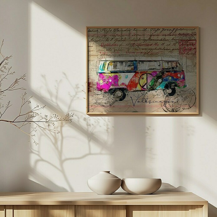 Papermoon Bild (VW Combi Art, B x H: 80 x 60 cm, Mit Passepartout, Rahmen Eiche) | BAUHAUS