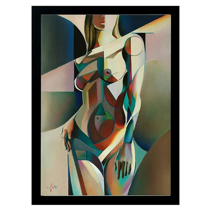 Papermoon Bild - Neo Deco, B x H: 50 x 70 cm, Ohne Passepartout, Rahmen Schwarz - Das Kunstwerk zeigt einen stilisierten, weiblichen Akt in einem Rahmen. Die geometrischen Formen und leuchtenden Farben betonen die Linien.