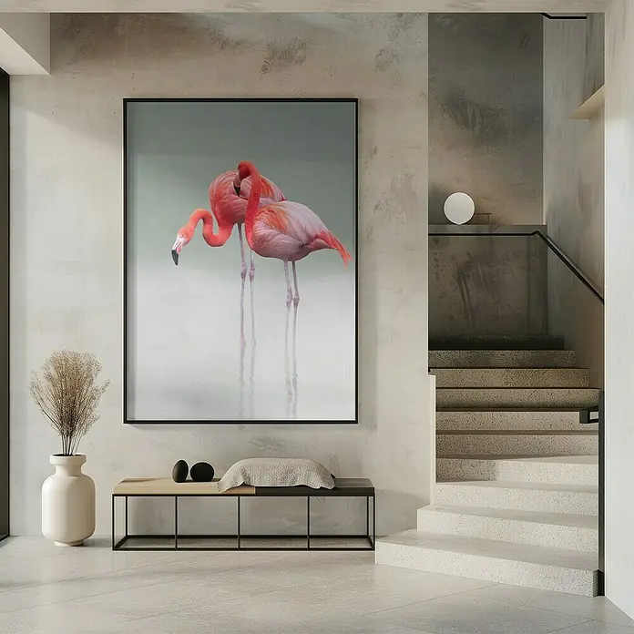 Papermoon Bild - Just we Two, B x H: 70 x 100 cm, Ohne Passepartout, Rahmen Schwarz - Einrichtungsszene mit einem großen, gerahmten Flamingo-Wandbild über einer modernen Bank, neben einer Treppe in einem stilvollen Raum.