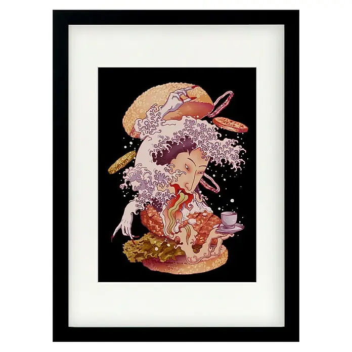 Papermoon Bild - Fusion Ghost, B x H: 40 x 50 cm, Mit Passepartout, Rahmen Schwarz - Gerahmtes Kunstwerk mit einer fantasievollen Illustration einer Burger-Fusion, die eine einzigartige und kunstvolle Note in jeden Raum bringt.