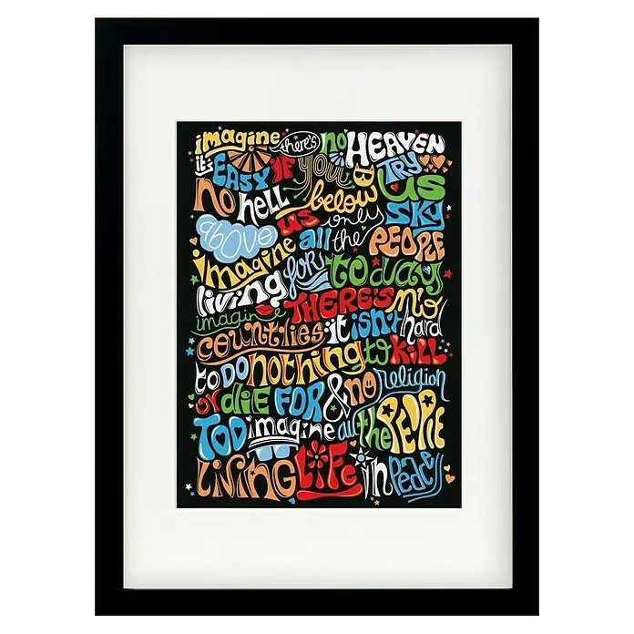 Papermoon Bild - Imagine, B x H: 50 x 70 cm, Mit Passepartout, Rahmen Schwarz - Gerahmtes Kunstwerk mit farbenfroher, typografischer Darstellung des Liedtextes "Imagine" von John Lennon, ein echter Hingucker.