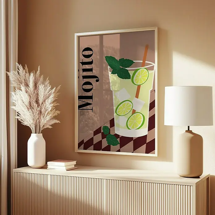 Papermoon Bild - Mojito, B x H: 50 x 70 cm, Ohne Passepartout, Rahmen Eiche - Nahaufnahme eines gerahmten Mojito-Posters auf einer Kommode mit dekorativen Elementen, das ein erfrischendes Ambiente schafft.