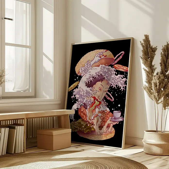 Papermoon Bild - Fusion Ghost, B x H: 40 x 50 cm, Mit Passepartout, Rahmen Eiche - Ein gerahmtes Kunstwerk mit einem einzigartigen Burger-Design, das in einem stilvollen Interieur zur Schau gestellt wird.