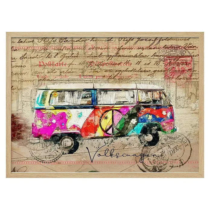 Papermoon Bild - VW Combi Art, B x H: 140 x 100 cm, Ohne Passepartout, Rahmen Eiche - Buntes gerahmtes Bild eines VW-Busses im Hippie-Stil mit Peace-Zeichen und Graffiti vor einem vergilbten Hintergrund mit Schrift.