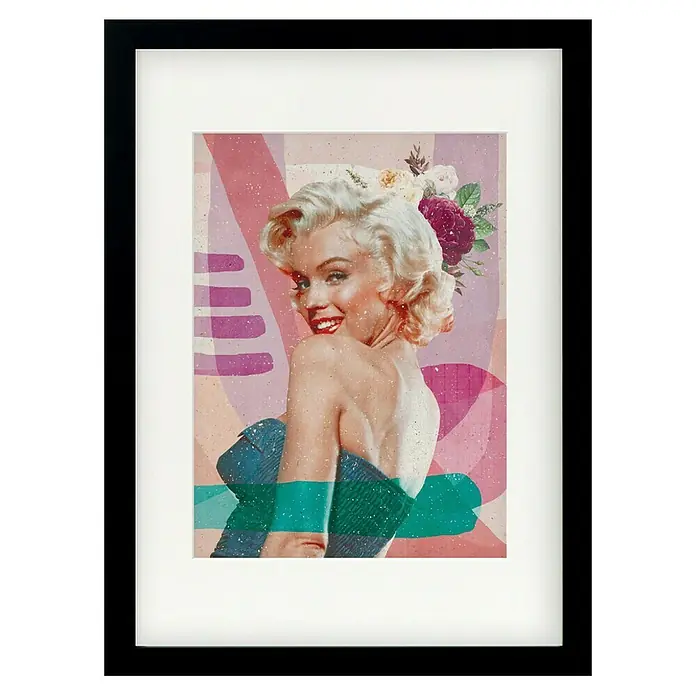 Papermoon Bild - Marilyn is Back, B x H: 40 x 50 cm, Mit Passepartout, Rahmen Schwarz - Gerahmtes Marilyn Monroe Kunstwerk mit Farbakzenten und Blumen, ein stilvolles und dekoratives Wandaccessoire für Ihr Zuhause.