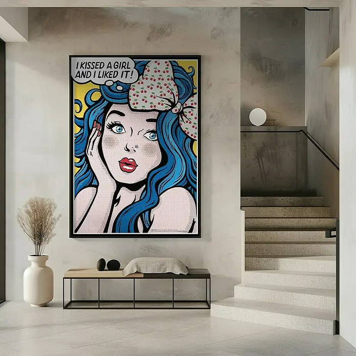 Papermoon Bild - I Kissed a Girl, B x H: 40 x 50 cm, Mit Passepartout, Rahmen Schwarz - Pop-Art-Gemälde mit einem Mädchen und dem Text "I kissed a girl and I liked it!".