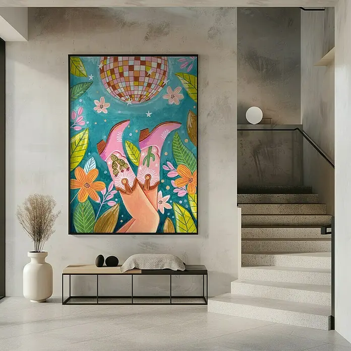 Papermoon Bild - Boots and Disco, B x H: 80 x 110 cm, Ohne Passepartout, Rahmen Schwarz - Ein farbenfrohes Gemälde mit Cowboystiefeln und einer Discokugel, das jedem Raum einen Hauch von Spaß und Stil verleiht.