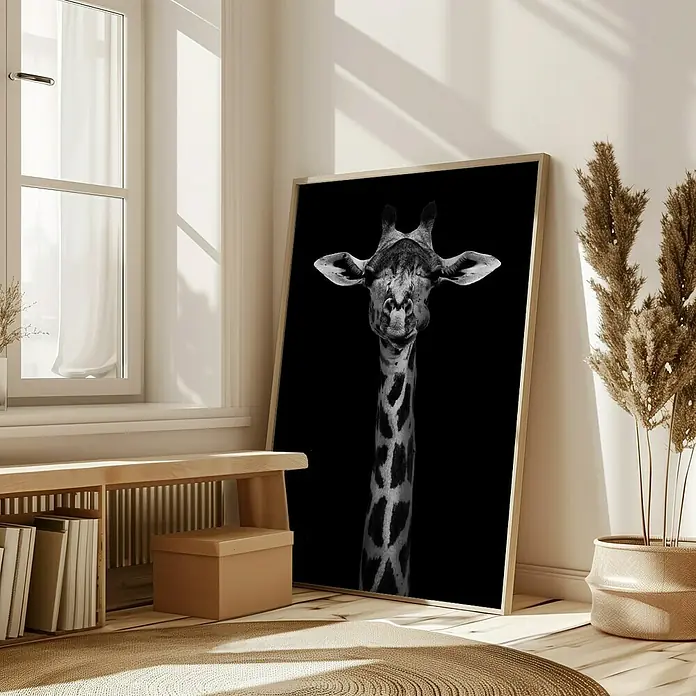 Papermoon Bild - Giraffe Portrait, B x H: 50 x 70 cm, Ohne Passepartout, Rahmen Eiche - Ein stilvolles Schwarz-Weiß-Poster zeigt eine Giraffe und verleiht jedem Raum einen Hauch von Wildnis und Eleganz.
