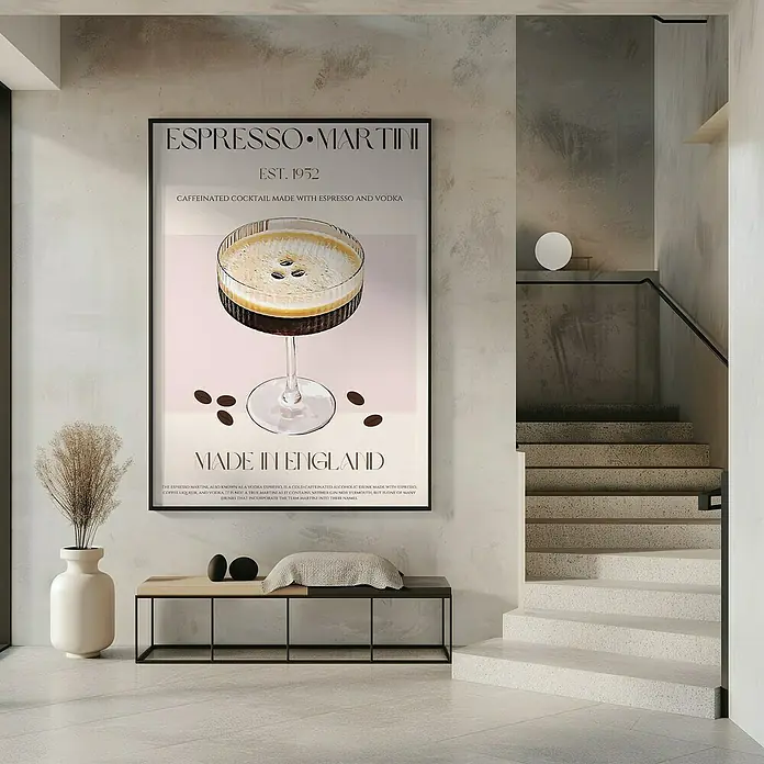 Papermoon Bild - Coffee Delighta, B x H: 80 x 110 cm, Ohne Passepartout, Rahmen Schwarz - Ein stilvolles Espresso Martini Poster mit dem Aufdruck "Made in England" als dekoratives Wandelement.