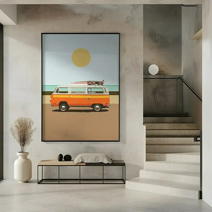 Papermoon Bild - Road Trip 1, B x H: 100 x 140 cm, Mit Passepartout, Rahmen Schwarz - Eine farbenfrohe Kunstdruck mit einem VW-Bus am Strand, eingerahmt und an einer Wand über einer Bank platziert.