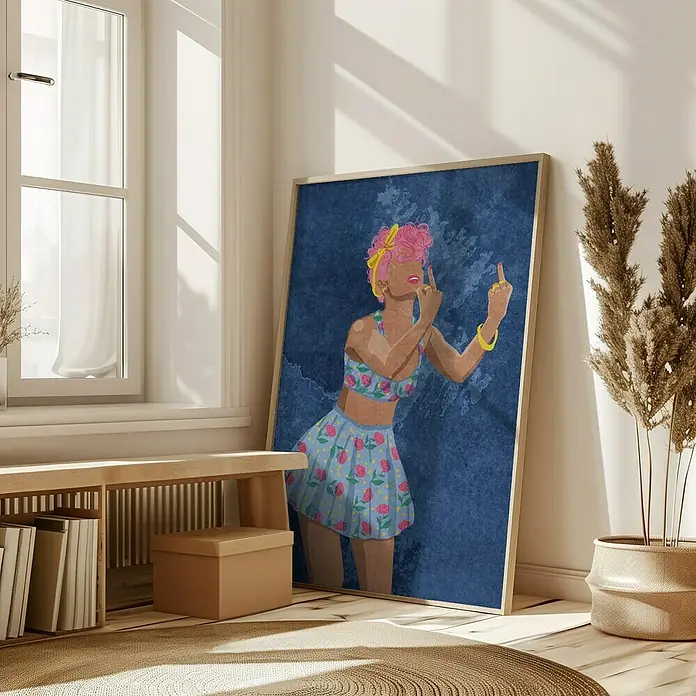 Papermoon Bild - Not your Girl, B x H: 50 x 70 cm, Mit Passepartout, Rahmen Eiche - Ein gerahmtes Kunstwerk mit einer Frau, die den Mittelfinger zeigt, verleiht jedem Raum eine freche Note und einen Hauch von Humor.