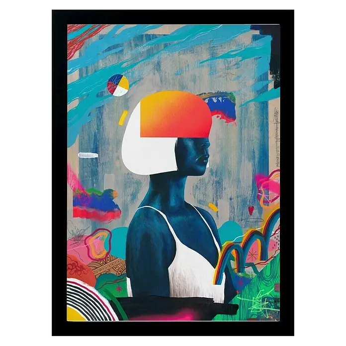 Papermoon Bild - Blue Girl, B x H: 70 x 100 cm, Ohne Passepartout, Rahmen Schwarz - Abstraktes Kunstwerk mit einer Frau in Weiß, farbenfrohen Akzenten und grafischen Elementen, gerahmt und ausdrucksstark.