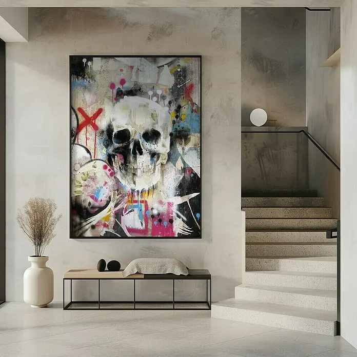 Papermoon Bild - Skull, B x H: 80 x 110 cm, Ohne Passepartout, Rahmen Schwarz - Kunstvolles Wandbild mit Schädelmotiv, das jedem Raum einen modernen, künstlerischen Touch verleiht. Eine markante und stilvolle Dekoration.
