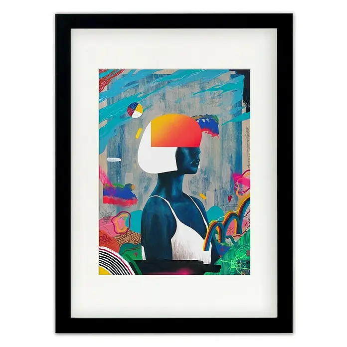 Papermoon Bild - Blue Girl, B x H: 70 x 100 cm, Mit Passepartout, Rahmen Schwarz - Gerahmtes Kunstwerk mit einem abstrakten Porträt einer Frau mit auffälligen Farben und Formen.