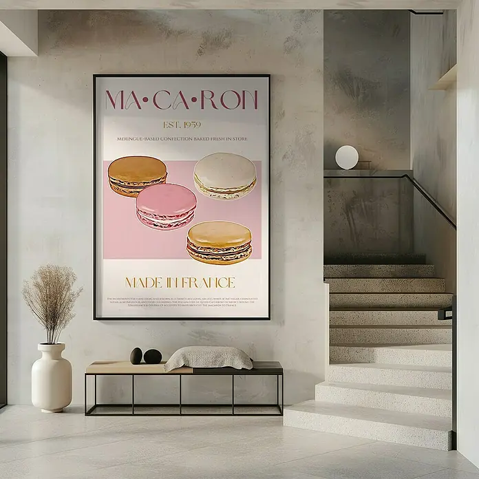 Papermoon Bild - French Macaron, B x H: 70 x 100 cm, Mit Passepartout, Rahmen Schwarz - Ein stilvolles Macaron-Poster in einem modernen Interieur, das die süße Eleganz französischer Backkunst hervorhebt.