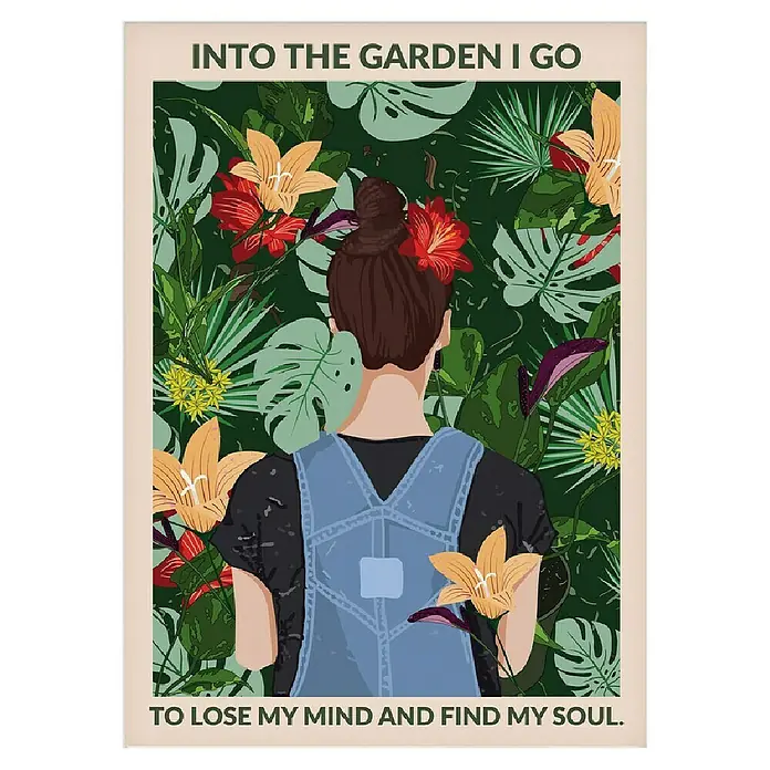 Papermoon Poster - Into the Garden, B x H: 50 x 70 cm, Mit Passepartout - Grafik im Vintage-Stil: Frau im Garten, umgeben von Pflanzen, mit dem Text "Into the garden I go, to lose my mind and find my soul".