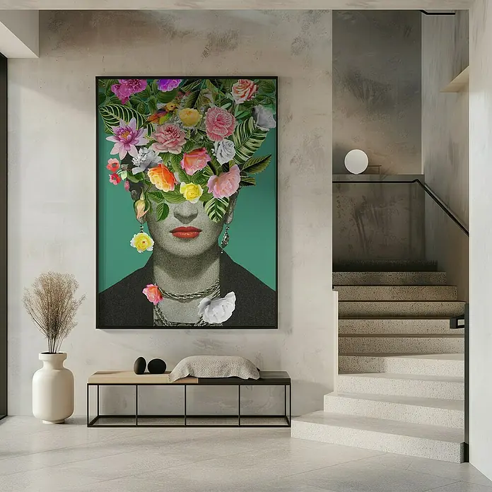 Papermoon Bild - Floral Frida, B x H: 50 x 70 cm, Ohne Passepartout, Rahmen Schwarz - Das Kunstwerk zeigt eine stilisierte Frau mit Blumenkopf vor einer Treppe, ein dekoratives Highlight für jeden Raum.