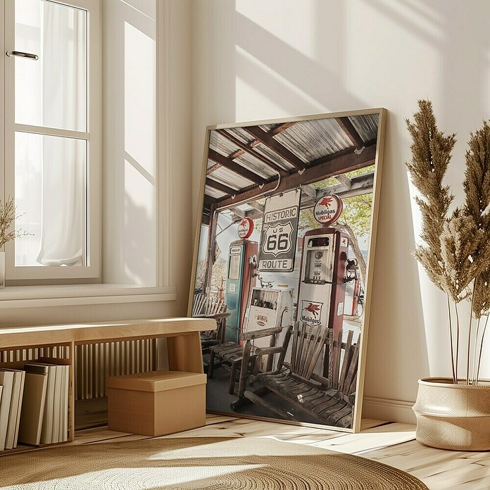 Papermoon Bild (Route 66 Gas Station, B x H: 80 x 110 cm, Mit Passepartout, Rahmen Eiche) | BAUHAUS