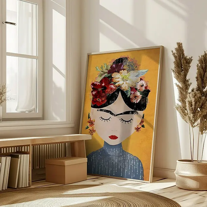 Papermoon Bild - Treechild Frida Gelb, B x H: 100 x 140 cm, Mit Passepartout, Rahmen Eiche - Ein gerahmtes Porträtbild im Innenraum, das eine stilisierte Frida Kahlo mit Blumenschmuck zeigt, lehnt an der Wand.