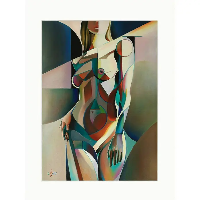 Papermoon Poster - Neo Deco, B x H: 60 x 80 cm, Mit Passepartout - Gemälde einer stilisierten weiblichen Figur, dargestellt in geometrischen Formen und lebendigen Farben, gerahmt in einem schlichten, weißen Rahmen.