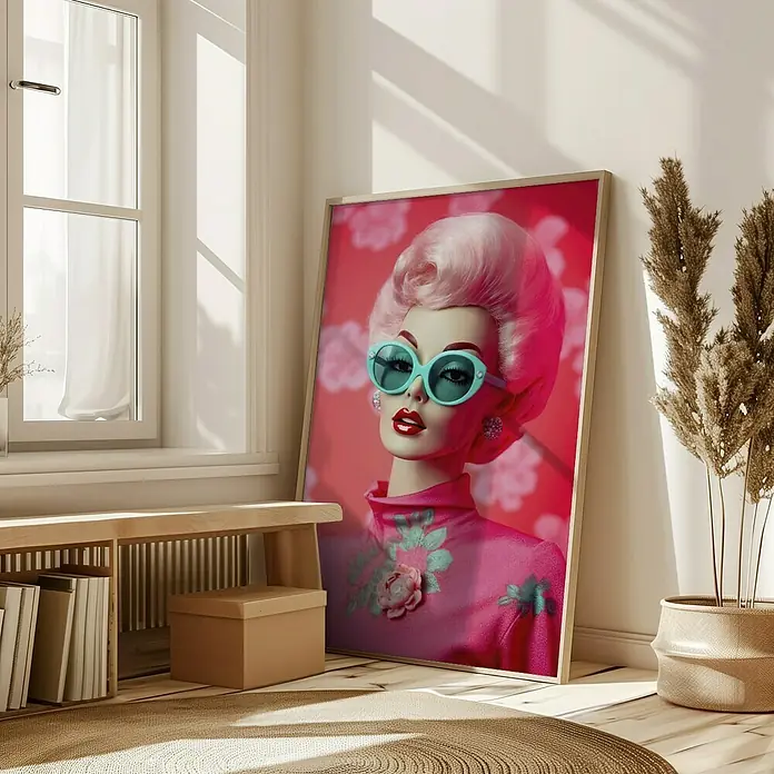 Papermoon Bild - Oh Barbie No. 1, B x H: 50 x 70 cm, Ohne Passepartout, Rahmen Eiche - Ein gerahmtes Porträt einer Frau mit pinkfarbenem Haar und türkisfarbener Sonnenbrille verleiht jedem Raum einen Hauch von Vintage-Glamour.