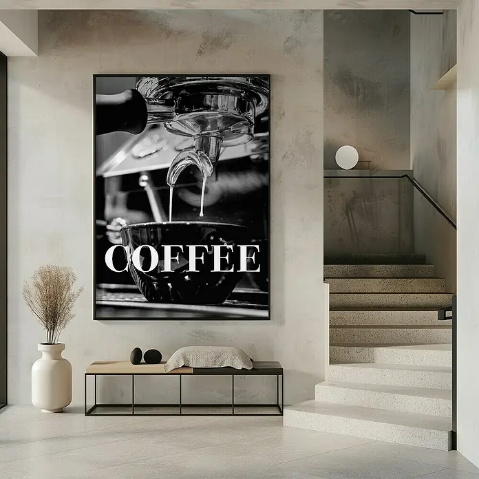 Papermoon Bild - Coffee Text, B x H: 60 x 80 cm, Ohne Passepartout, Rahmen Schwarz - Ein Schwarz-Weiß-Poster mit einem Kaffeemaschinen-Motiv, das an einer Wand über einer minimalistischen Bank hängt, verleiht dem Raum ein modernes Flair.