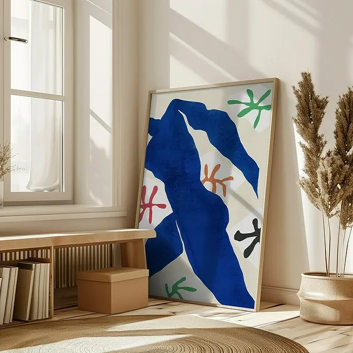 Papermoon Bild - Abstract Blue Figure, B x H: 60 x 80 cm, Mit Passepartout, Rahmen Eiche - Kunstvolles Poster mit blauen Formen und farbenfrohen Akzenten, das jedem Raum eine stilvolle Note verleiht.