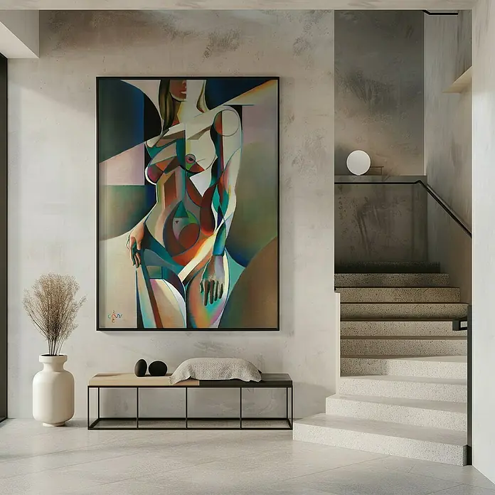 Papermoon Bild - Neo Deco, B x H: 50 x 70 cm, Ohne Passepartout, Rahmen Schwarz - Kunstvolles Gemälde einer stilisierten weiblichen Figur in einem modernen Interieur. Ein Blickfang für jeden Raum mit hochwertigen Materialien.