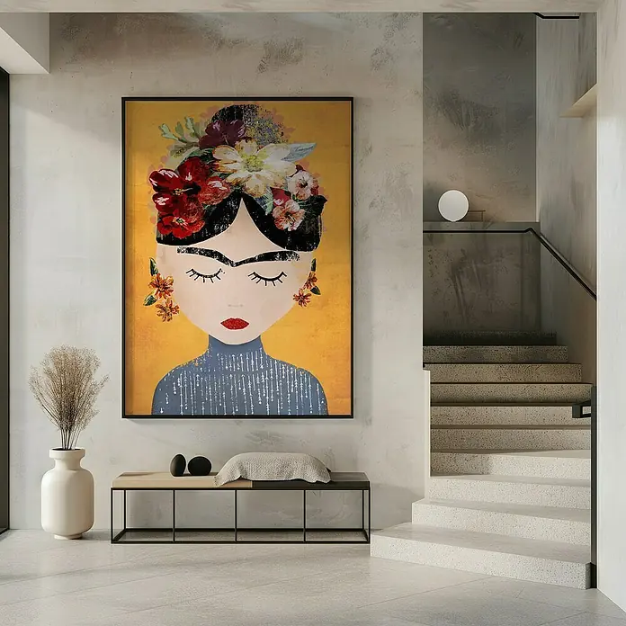 Papermoon Bild - Treechild Frida Gelb, B x H: 100 x 140 cm, Mit Passepartout, Rahmen Schwarz - Das Gemälde einer Frau mit Blumen im Haar ist eine schöne Wanddekoration. Kunstvolles Motiv mit gelbem Hintergrund und dunklem Rahmen.