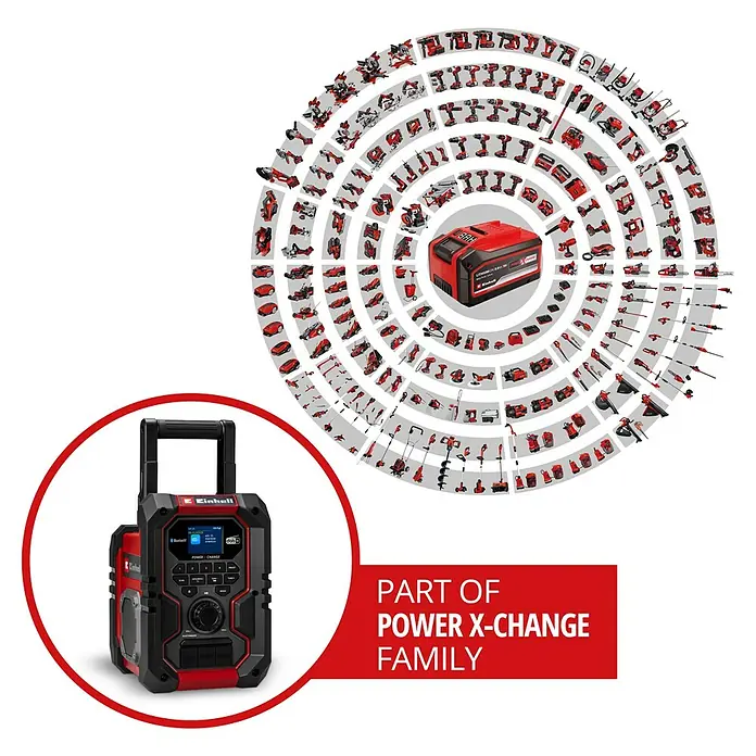 Einhell Power X-Change 18V Akku-Baustellenradio TE-CR 18 Li DAB+/FM/BT - Solo - 18 V, Ohne Akku, Bluetooth - Einhell Power X-Change: Produktbild mit Akku, Werkzeugen und Radio mit Ladegerät, Teil der Power X-Change Familie für Haus und Garten.