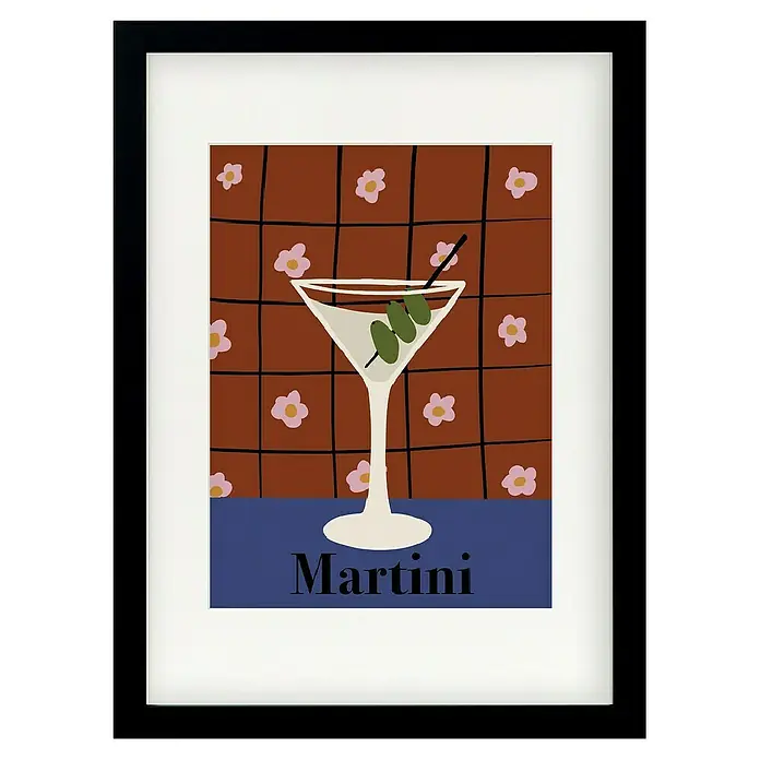 Papermoon Bild - Martini, B x H: 100 x 140 cm, Mit Passepartout, Rahmen Schwarz - Martini-Kunstdruck in einem Rahmen, der ein stilisiertes Cocktailglas vor einem floralen Hintergrund zeigt. Ein dekoratives Element für jede Bar oder Küche.