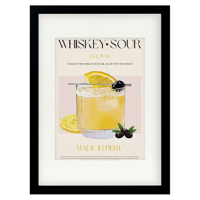 Papermoon Bild - Peru Whisky Bliss, B x H: 60 x 80 cm, Mit Passepartout, Rahmen Schwarz - Gerahmtes Bild eines Whiskey Sour Cocktails, elegant und einladend.