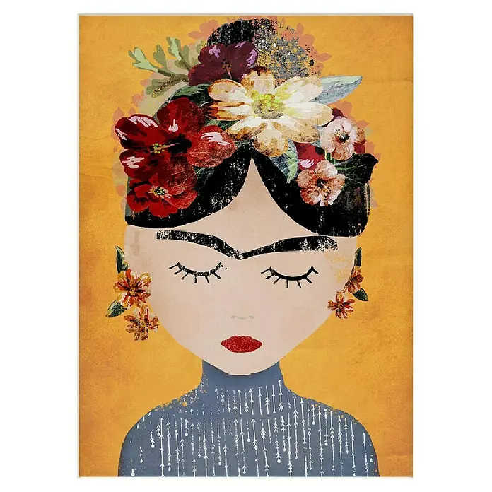 Papermoon Poster - Treechild Frida Gelb, B x H: 100 x 140 cm, Mit Passepartout - Gemälde im Frida Kahlo-Stil mit Blumenkranz, geschlossenen Augen und rotem Lippenstift vor ockerfarbenem Hintergrund. Kunst für Wohnzimmer und Büro.