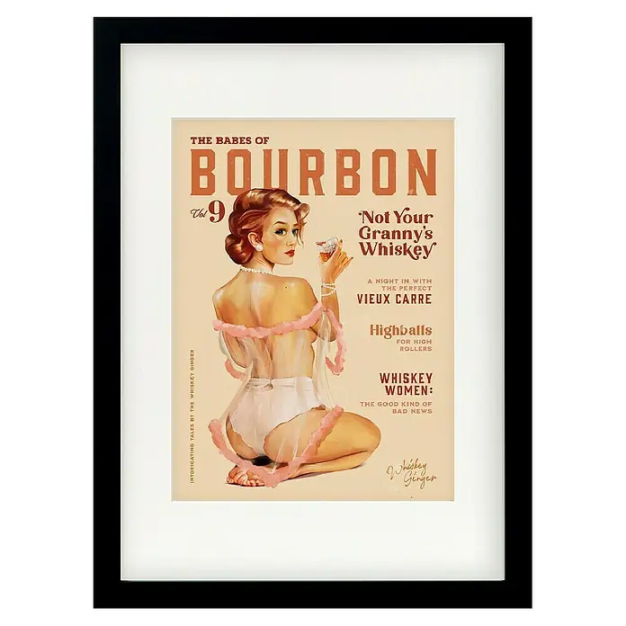 Papermoon Bild - Babes of Boubon Vol. 9, B x H: 80 x 110 cm, Mit Passepartout, Rahmen Schwarz - Gerahmtes Bild "The Babes of Bourbon", das eine Pin-up-Darstellung mit einem Vintage-Whisky-Thema zeigt, ideal für Bar- oder Sammlerstücke.