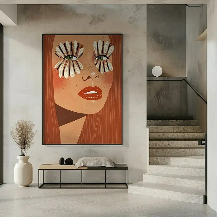 Papermoon Bild - Flower Eyes, B x H: 40 x 50 cm, Ohne Passepartout, Rahmen Schwarz - Gemälde einer Frau mit Blumen unter den Augen, aufgehängt an einer Wand über einer Bank in einem modern gestalteten Raum.