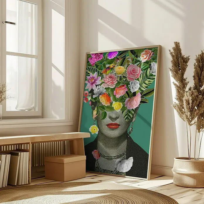 Papermoon Bild - Floral Frida, B x H: 60 x 80 cm, Mit Passepartout, Rahmen Eiche - Ein gerahmtes Frida Kahlo-Porträt mit Blumenschmuck steht auf dem Boden und verleiht dem Raum eine künstlerische Note.