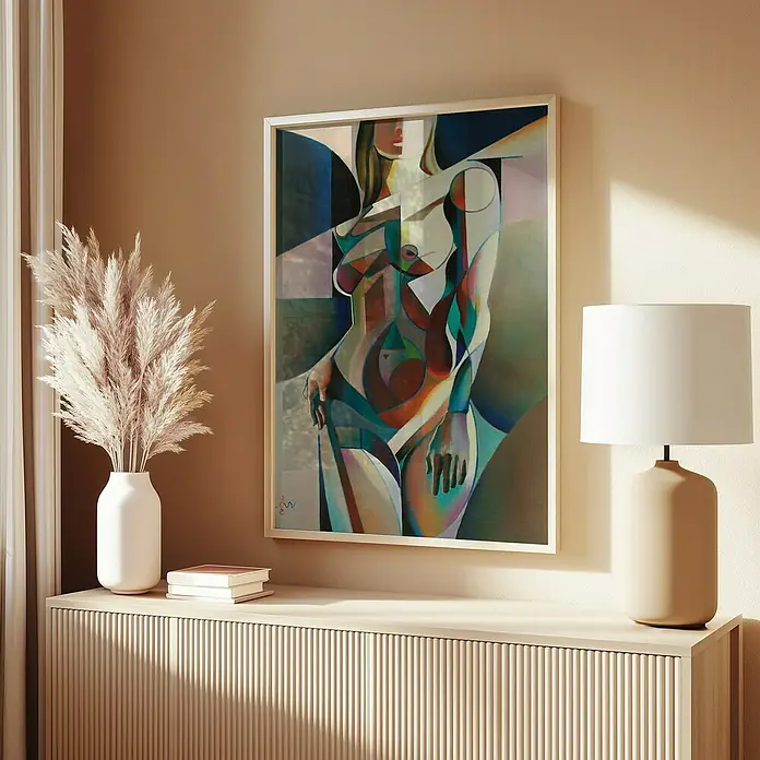 Papermoon Bild - Neo Deco, B x H: 40 x 50 cm, Ohne Passepartout, Rahmen Eiche - Kunstdruck eines abstrakten Frauenakts in einem hellen Rahmen, der über einem modernen Sideboard mit Lampe und Deko hängt.