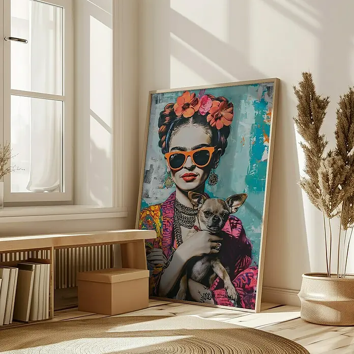Papermoon Bild - Frida Chihuahua, B x H: 60 x 80 cm, Mit Passepartout, Rahmen Eiche - Dekoratives Frida Kahlo Poster mit Chihuahua. Einzigartiges Kunstwerk, das jedem Raum einen Hauch von Farbe und Persönlichkeit verleiht.