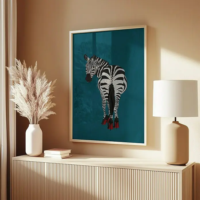 Papermoon Bild - Zebra Heels, B x H: 100 x 140 cm, Ohne Passepartout, Rahmen Eiche - Wandbild mit einem Zebra, das rote High Heels trägt, in einem eleganten Rahmen, eine stilvolle Ergänzung für jeden Raum.
