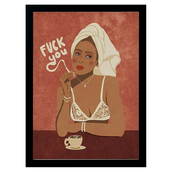 Papermoon Bild - Morning Coffee, B x H: 60 x 80 cm, Ohne Passepartout, Rahmen Schwarz - Illustration einer Frau mit Handtuch auf dem Kopf, BH, Zigarette und Kaffee, die Selbstbewusstsein und Unabhängigkeit ausstrahlt.