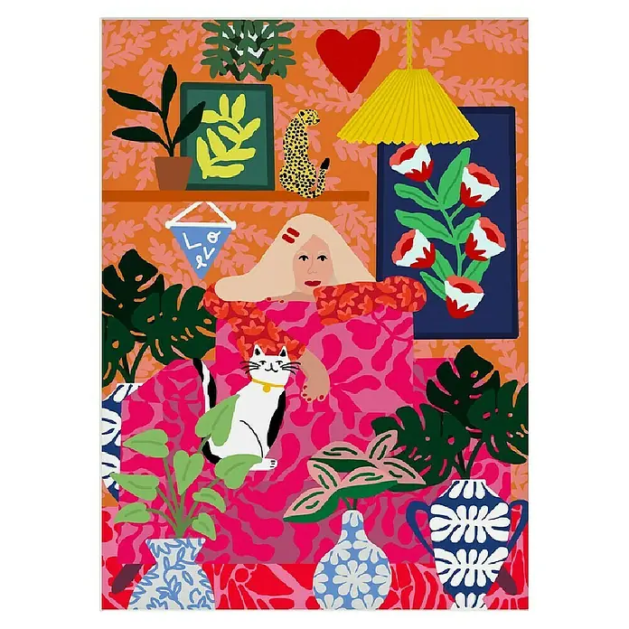 Papermoon Poster - Cat Lady, B x H: 60 x 80 cm, Mit Passepartout - Buntes Gemälde einer Frau mit Katze, umgeben von Pflanzen und dekorativen Elementen auf orangefarbenem Hintergrund.