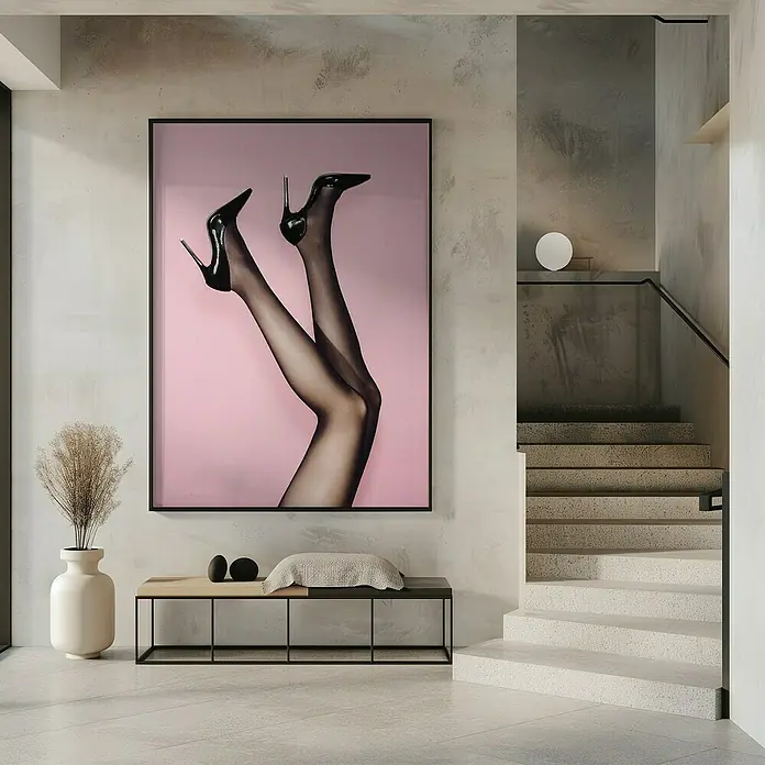Papermoon Bild - Kick up your Heels, B x H: 40 x 50 cm, Mit Passepartout, Rahmen Schwarz - Moderne Inneneinrichtung mit einem auffälligen Kunstwerk, das Beine in schwarzen Strümpfen und High Heels zeigt. Ein stilvolles und elegantes Ambiente.