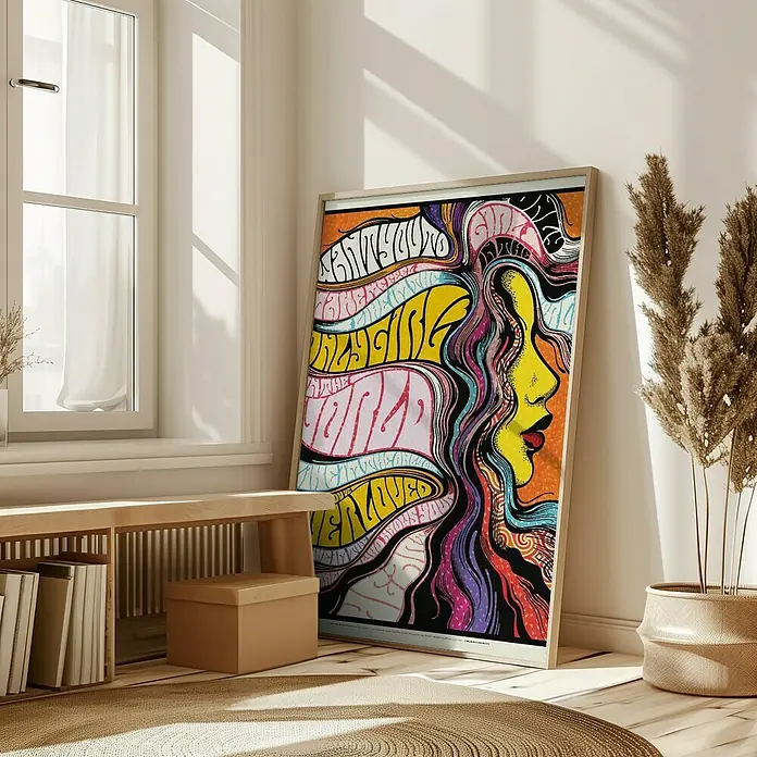 Papermoon Bild - Only Girl in World, B x H: 60 x 80 cm, Mit Passepartout, Rahmen Eiche - Dieses Bild zeigt ein psychedelisches Poster mit einem Frauenprofil in lebendigen Farben, das an eine Wand gelehnt ist.